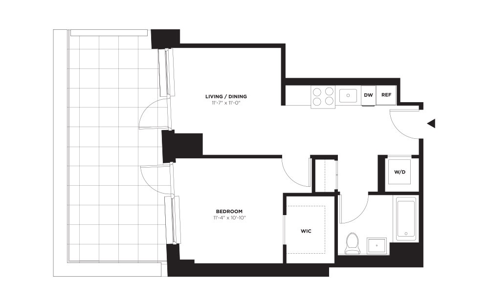 Unit B / Floor 10 - 21 - 1 bedroom floorplan layout with 1 bathroom and 579 square feet (With Terrace)