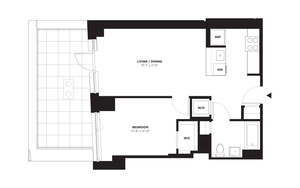Unit F / Floors 3-9 - 1 bedroom floorplan layout with 1 bath and 681 square feet. (With Terrace)
