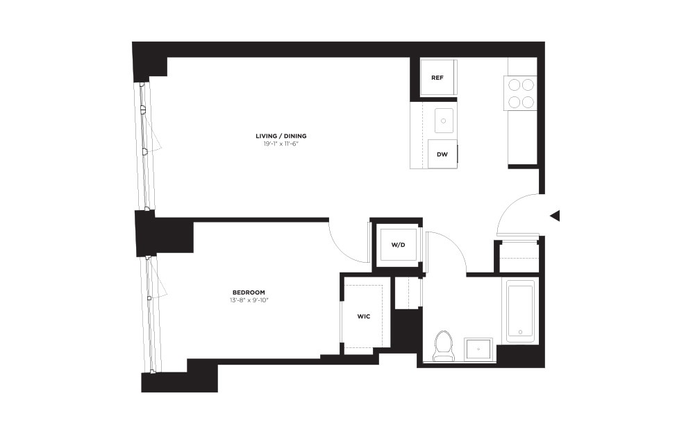 Unit F / Floors 3-9 - 1 bedroom floorplan layout with 1 bath and 681 square feet. (Without Terrace)
