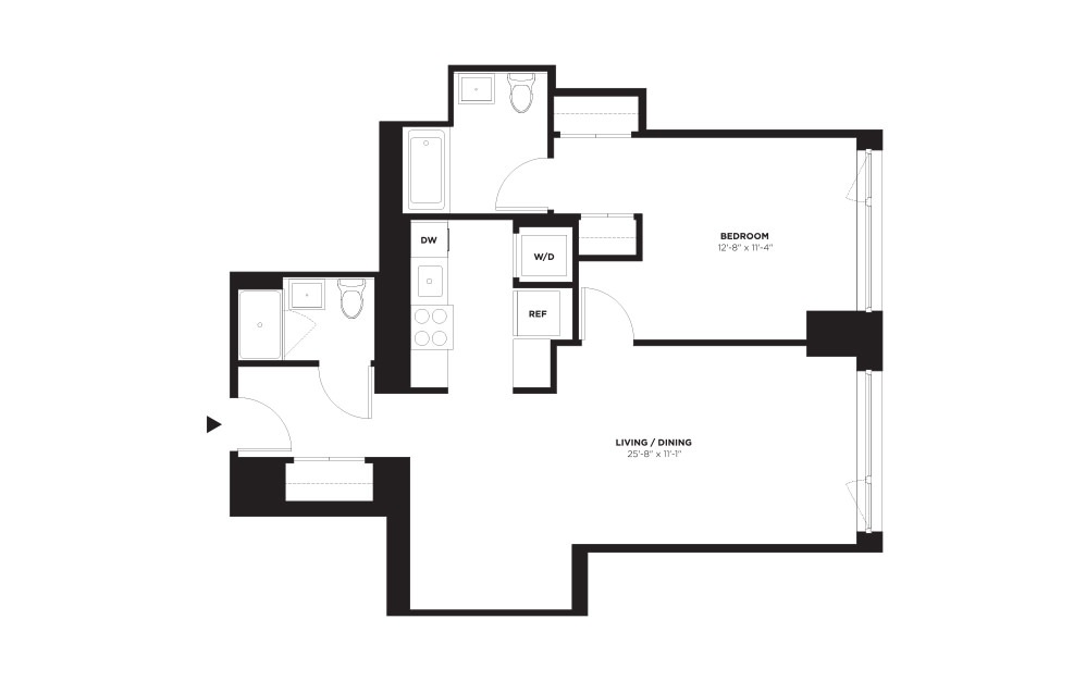 Unit E / 22- Penthouse - 1 bedroom floorplan layout with 2 baths and 842 square feet.
