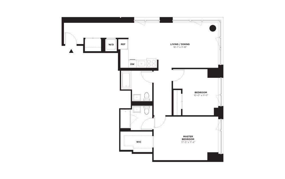 Unit E / Floors 16-21 - 2 bedroom floorplan layout with 2 baths and 1121 square feet.