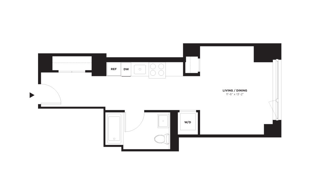 Unit J / Floor #9 - Studio floorplan layout with 1 bath and 445 square feet.