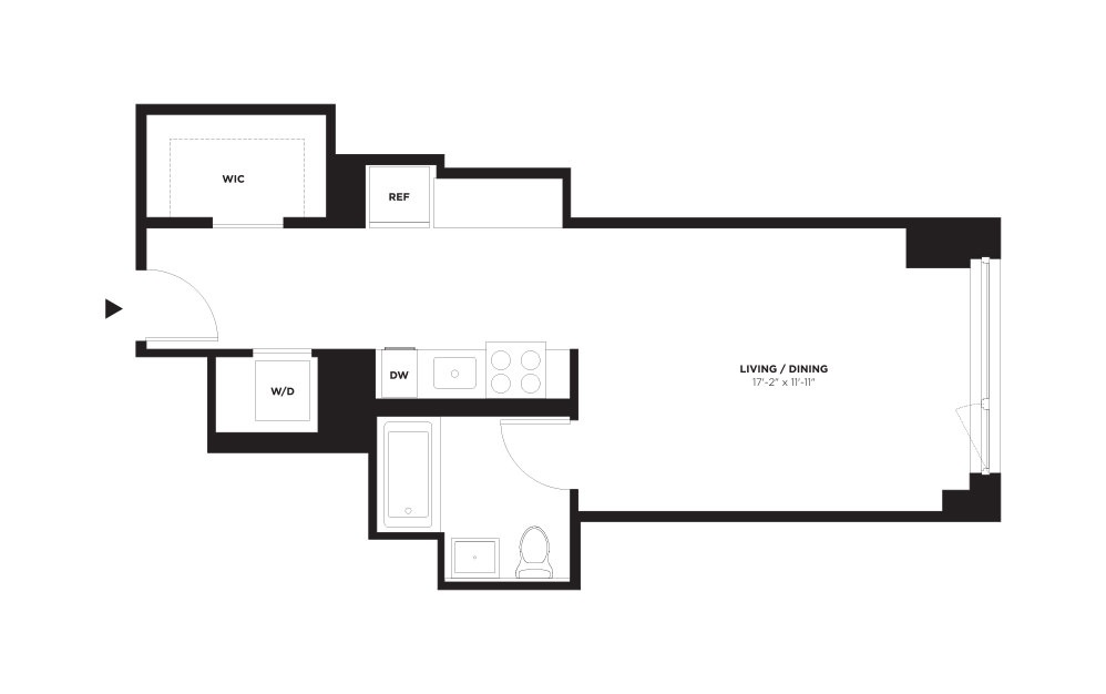 Unit F / Floors 10-21 - Studio floorplan layout with 1 bath and 510 square feet.