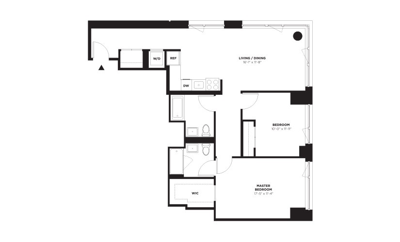 Unit E / Floors 16-21 - 2 bedroom floorplan layout with 2 bathrooms and 1121 square feet