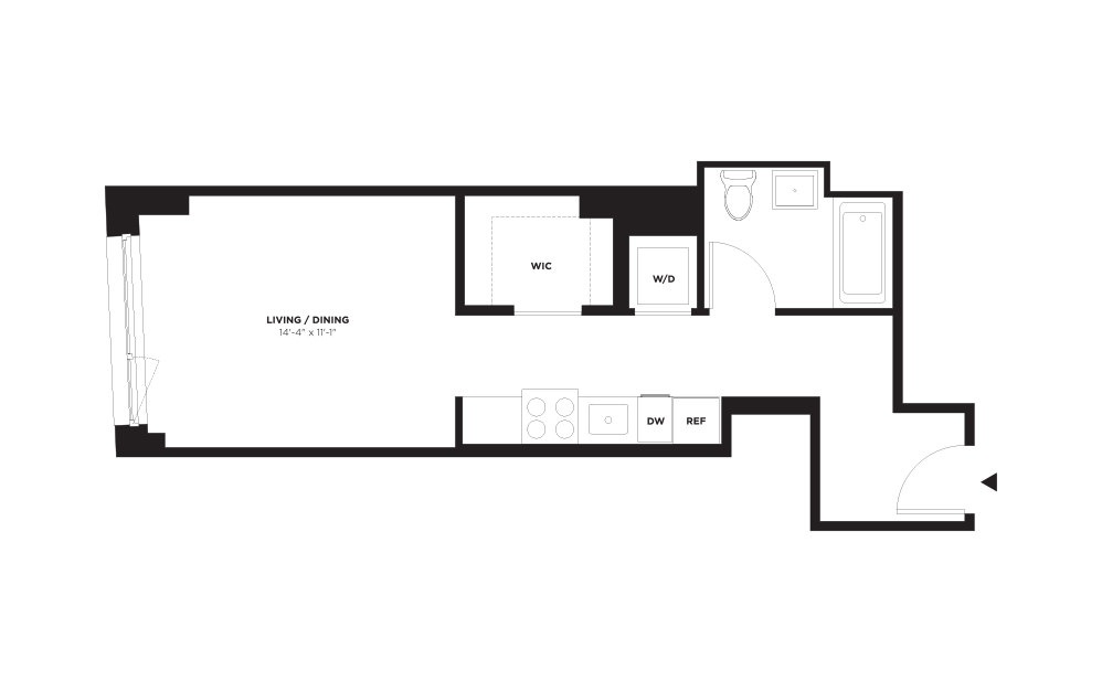 Unit D / Floors 2-9 - Studio floorplan layout with 1 bath and 443 square feet.